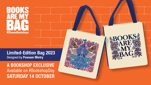 Graphic featuring the design of this year's Books Are My Bag Limited-Edition Bag by Poonam Mistry. The text says: Limied-Edition Bag 2023. Designed by Poonam Mistry. A Bookshop Exclusive. Available on #BookshopDay. Saturday 14 October.